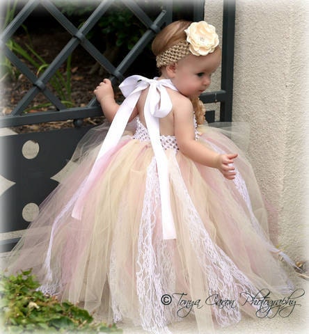 Beige Mauve Flower Girl Dress, Antique Tutu Dress, Birthday, Pageant 12 months to 2 Toddler