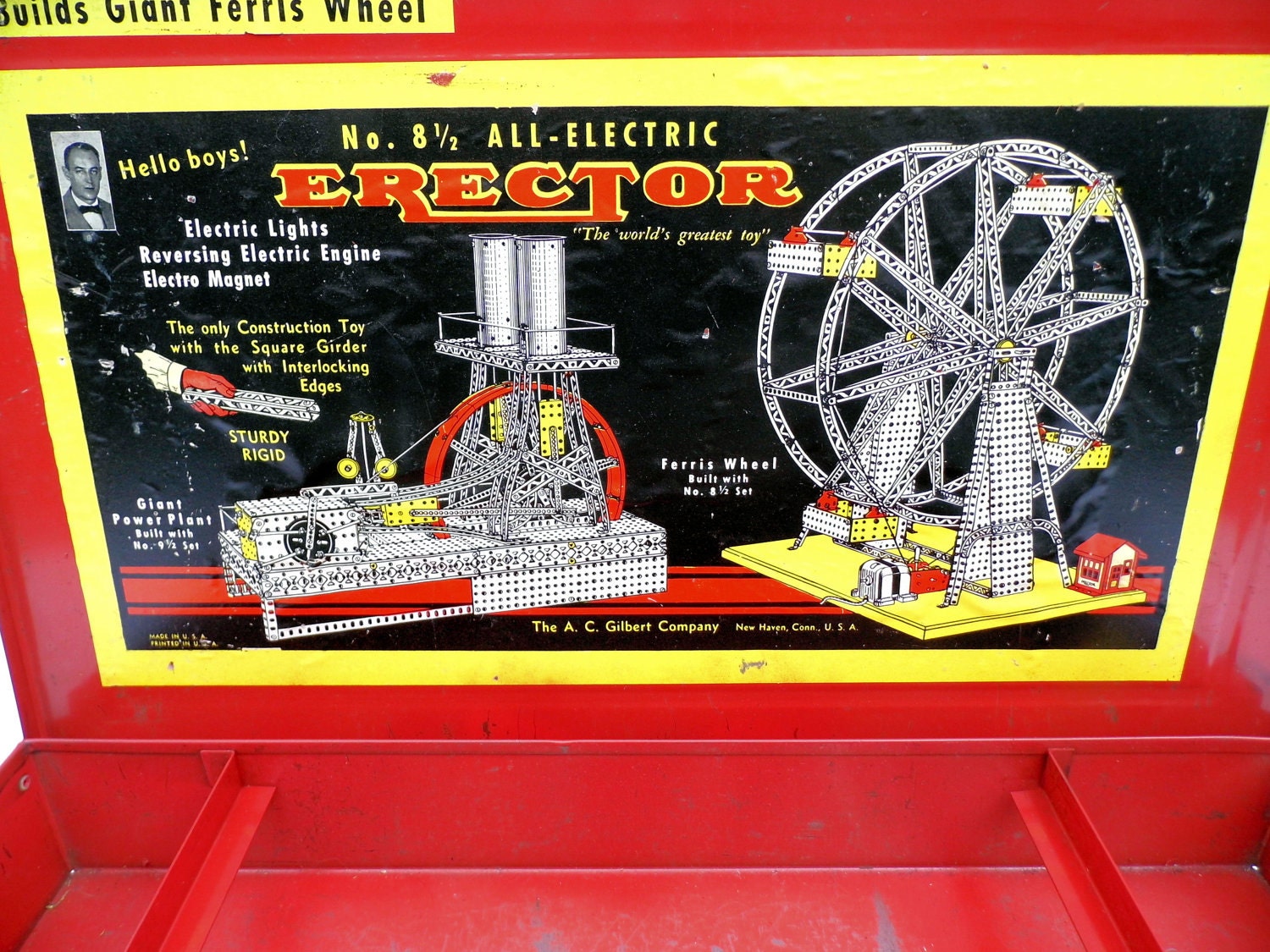 Red Metal Box, Erector Set Box, 1940s Erector Set, Set No. 8 1/2, Mid Century Decor, Large Metal Box, Man Cave Decor
