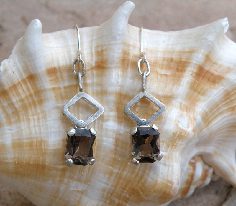 Smoky Quartz Sterling Silver Earrings, Faceted Brown Smoky Quartz Earrings with Diamond Shape Element, Dangle Silver Earrings