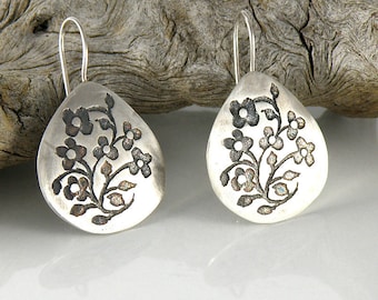 Floral Silver Earrings, Sterling Silver Earrings, Tiny Flowers Earrings, Medium Drop Earrings, Miniature Flowers Earrings, Gifts For Her
