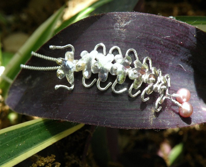 Flowers Caterpillar Sterling Silver Necklace with 14K Gold Eyes, Pink PearlsNecklace, Bug Pendant, Unique Flowers Necklace, Gift For Women