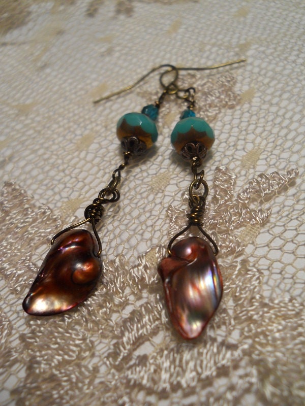 Turquoise Dorée earrings golden bronze freshwater baroque pearl briolette sea foam green aqua beachy bohemian surfer chic