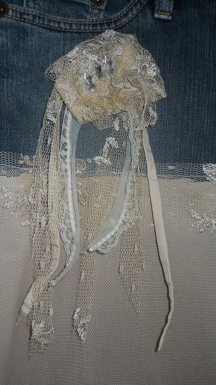 Michelle Ma Belle beige tulle vintage lace ruffled Renaissance Denim Couture bohemian jean skirt with rose and rhinestone brooch