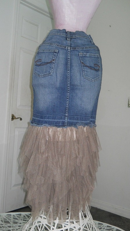Petite Ballerine bohemian jean skirt taupe ruffled tulle ballerina mermaid faerie goddess Renaissance Denim Couture