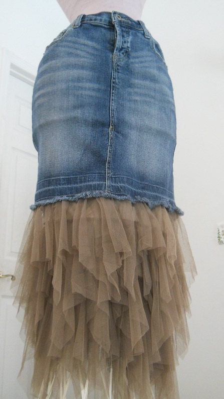 Petite Ballerine bohemian jean skirt taupe ruffled tulle ballerina mermaid faerie goddess Renaissance Denim Couture