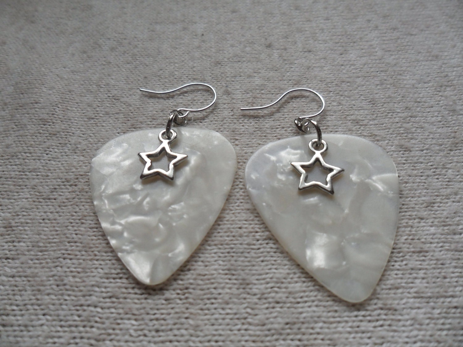 SALE - was 8.50 - Pearly White Silver Star Guitar Pick Earrings