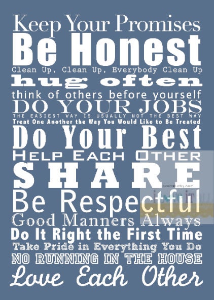 8x10 In This House Home Happy Family Rules Manifesto Art Print // Denim Blue Nursery Decor // Subway Poster Roll Scroll Sign