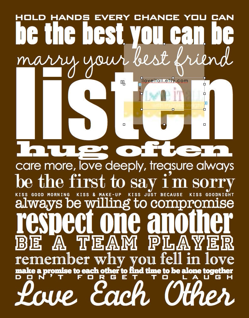 Bridal Shower Engagement Gift . Rules of Romantic Love . 13x19 Happy Marriage Advice Subway Art Poster Manifesto . Typography Anniversary