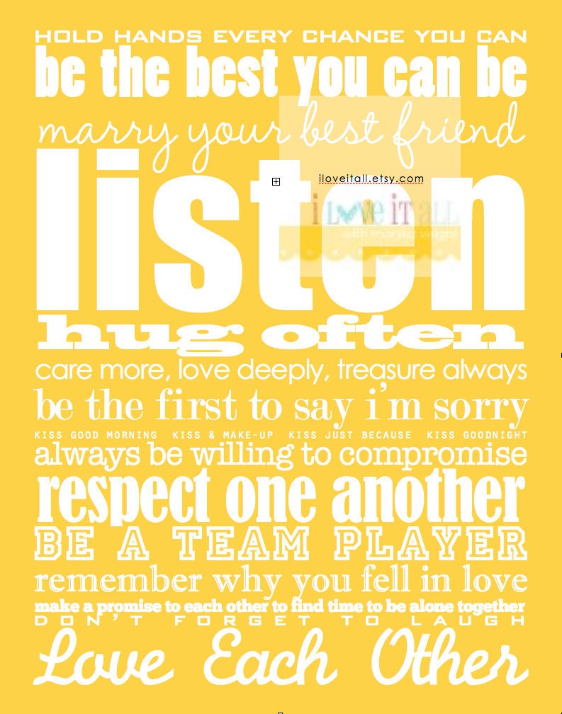 Bridal Shower Engagement Gift . Rules of Romantic Love . 13x19 Happy Marriage Advice Subway Art Poster Manifesto . Typography Anniversary