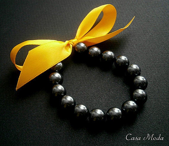Pearl Bracelet Black Pearls With Ribbon In Golden Yellow