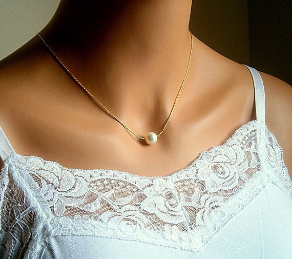 Floating Pearl Necklace In Gold Chain With 10mm White Swarovski Crystal Pearl 18 Inches