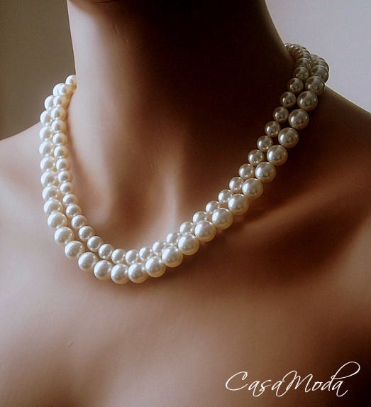 Pearl Necklace Bridal Pearl Neclace Two Strands  In Cream Swarovski Crystal Pearls