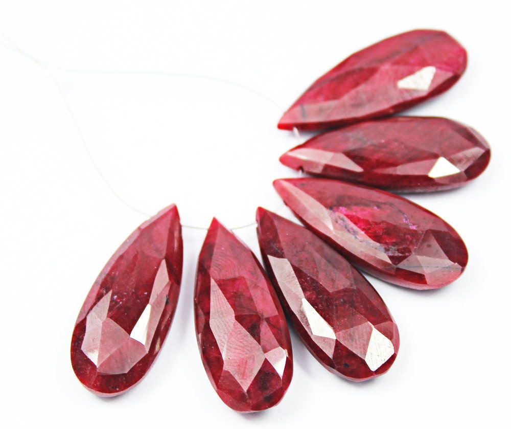 6 Beads - 30mm - 3 Pair - Natural Africa Red Ruby Fine Quality Checker Faceted Long Pear Drop Briolette Beads
