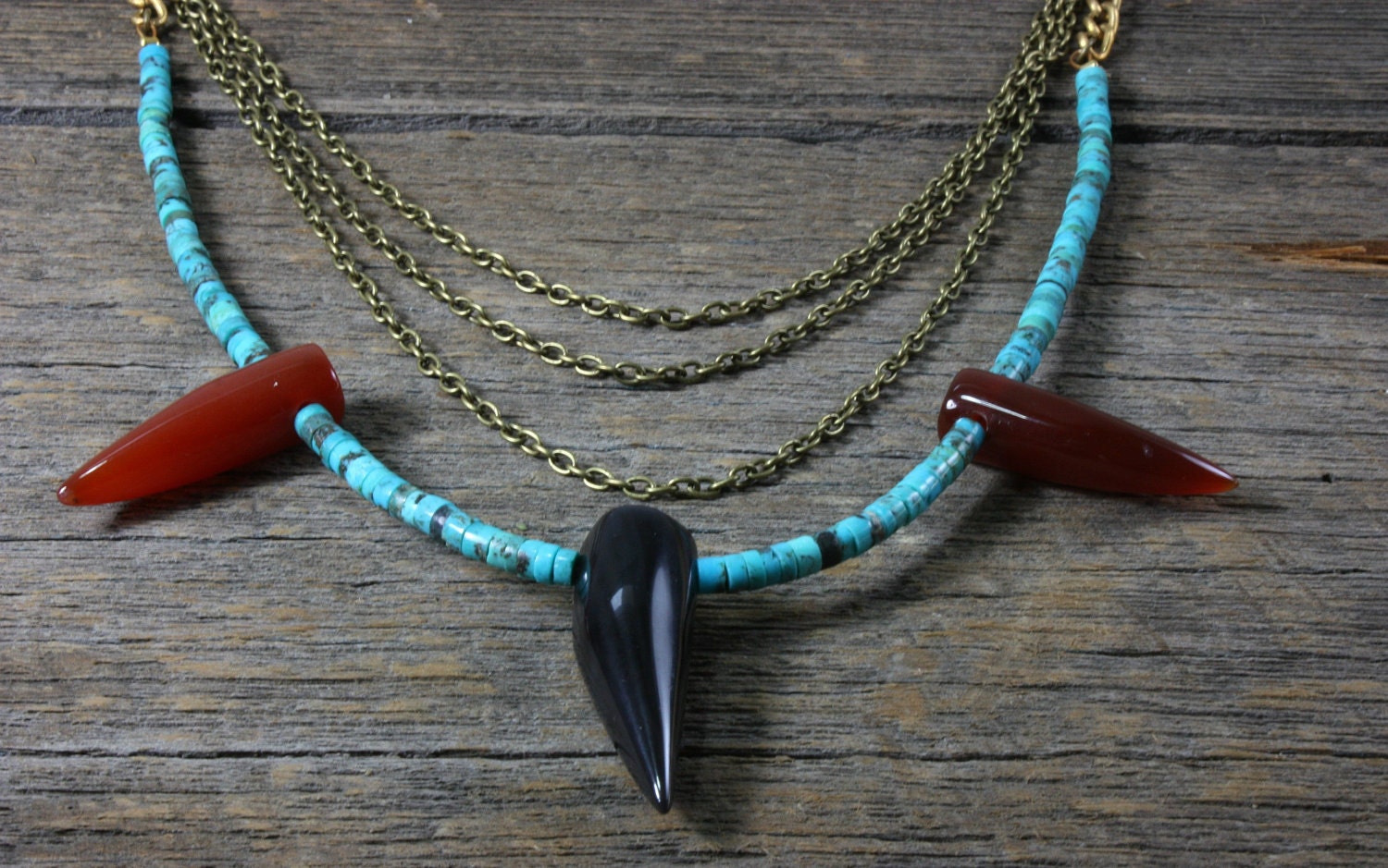 Black Fang - Black Agate and Carnelian Stone Tusks and Turquoise Beaded Necklace