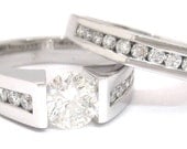 Round diamond engagement ring and band tension set 14k white gold 2.18ctw