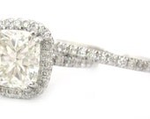 Cushion cut diamond engagement ring and band halo design 14k white gold  2.30ctw