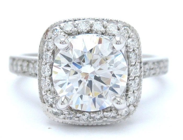 Round cut diamond engagement ring antique style 14k white gold 2.24ctw