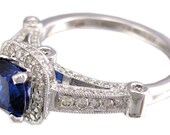 14k white gold cushion cut sapphire and diamonds prong set halo ring 2.25ctw