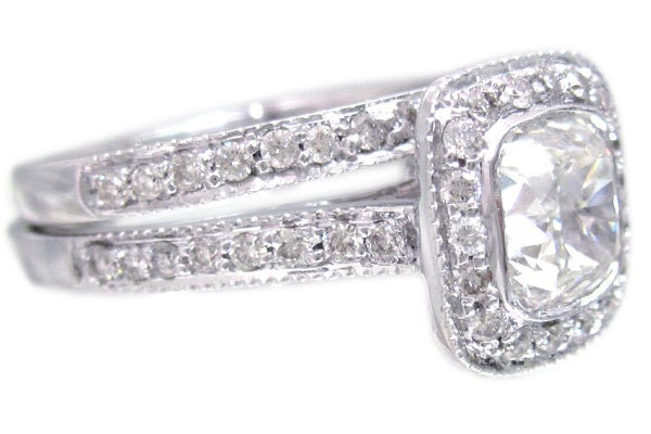 14k white gold cushion cut diamond engagement ring and band bezel set 1.86ctw