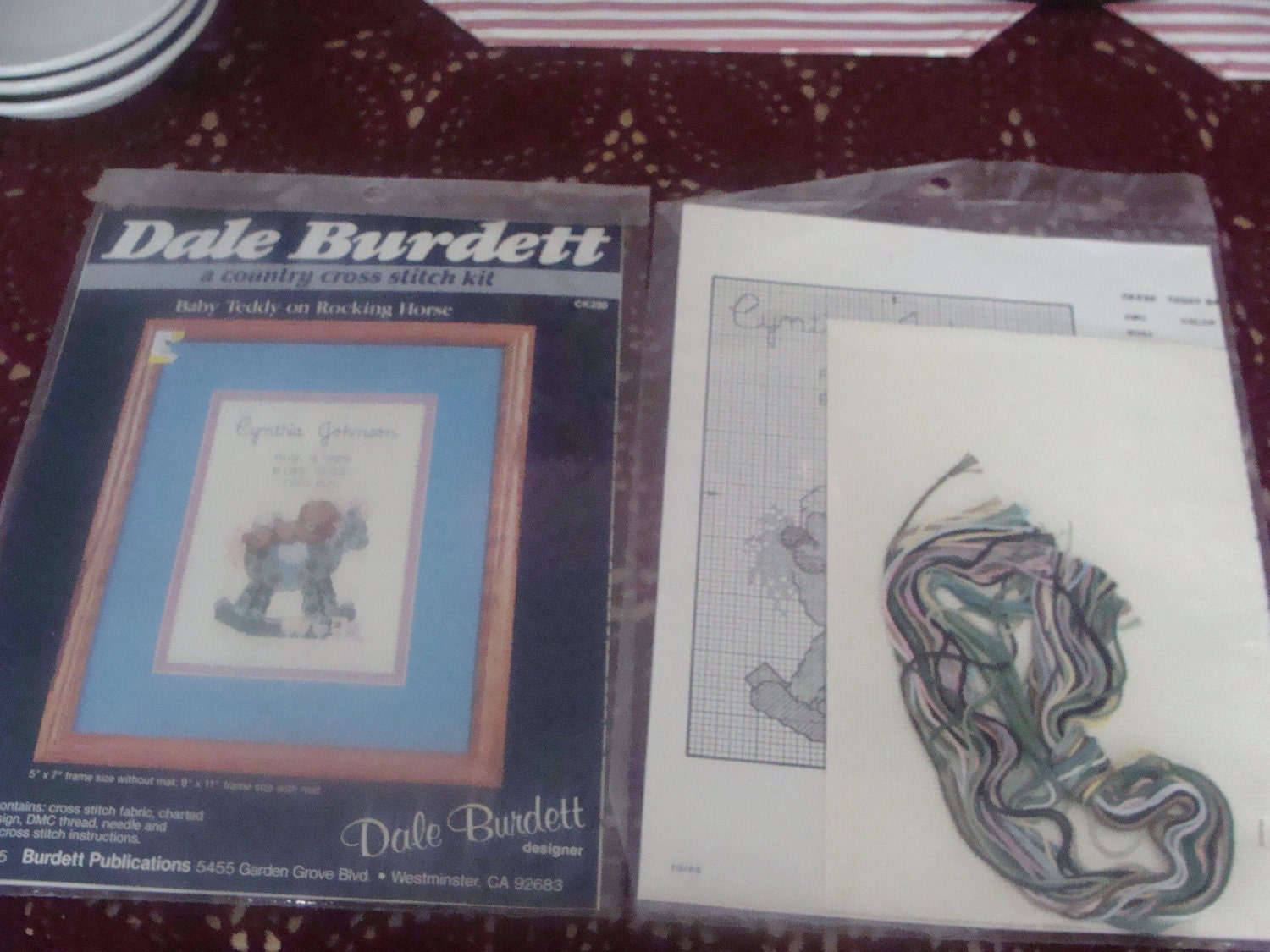 NIP Dale Burdett cross stitch kit - Baby Teddy on Rocking Horse - CK230 fabric, thread, instructions