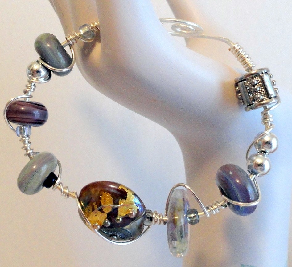 Bracelet Lavender and Gray Debbie Sanders focal bead  sterling silver wire wrapped