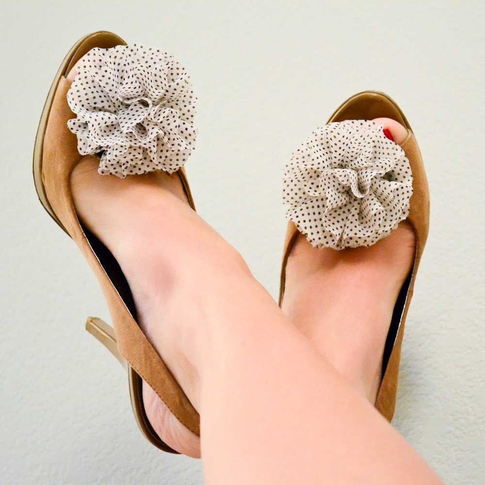 Fabric Flower Shoe Clip - Black and White Polka Dot Ruffle