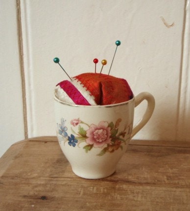 Vintage Tea Cup Patchwork Pincushion Silk orange pink