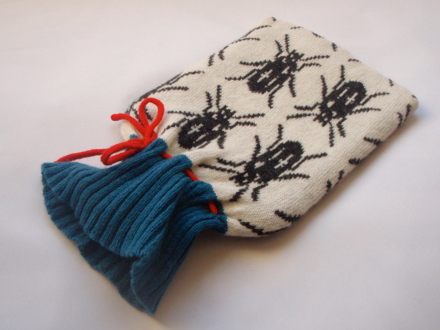 Knitted Lambswool Beetles Insect Hot Water Bottle Cozy/ Cosy Black & White