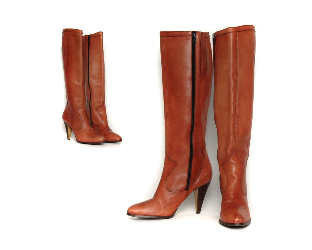 70s Tall Mahogany Western Boots / Vintage The Wild Pair / Inlay High Heel Cowboy Boots / Hippie Boho Chic / Size 7 8