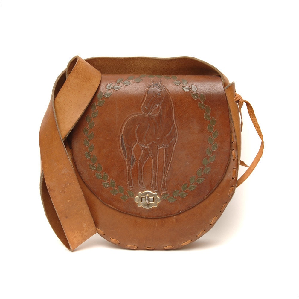 Vintage 70s Tan Leather Tooled Purse / Hippie Equestrian Horse Satchel