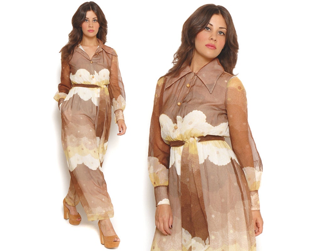 RESERVED 70s Palazzo Jumpsuit Sheer Ombre Floral Brown Yellow Wide Leg Pants Pointed Collar / Boho Hippie Disco / Size M L Medium Large