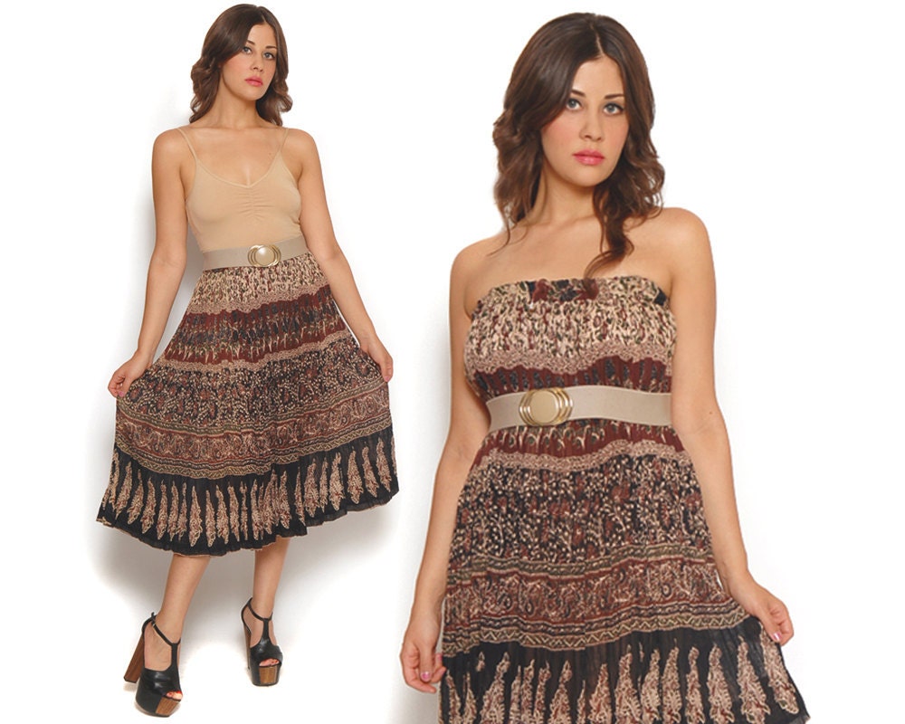 70s Boho Maxi Skirt Brown Black Floral Ethnic Batik India Drawstring Gauze Convertible Dress / Hippie Gypsy Bohemian / Size OS One Size