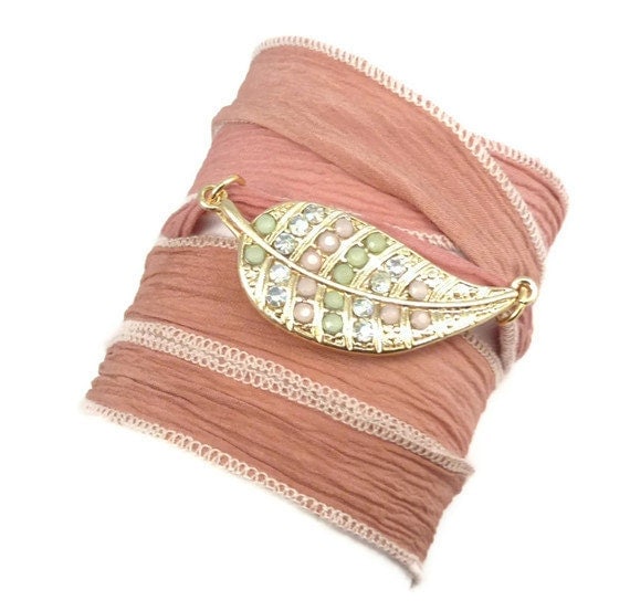 Silk Wrap Bracelet with Leaf Connector, yoga jewelry, wrapped wrapping bracelet, wrap around,wrist wrap