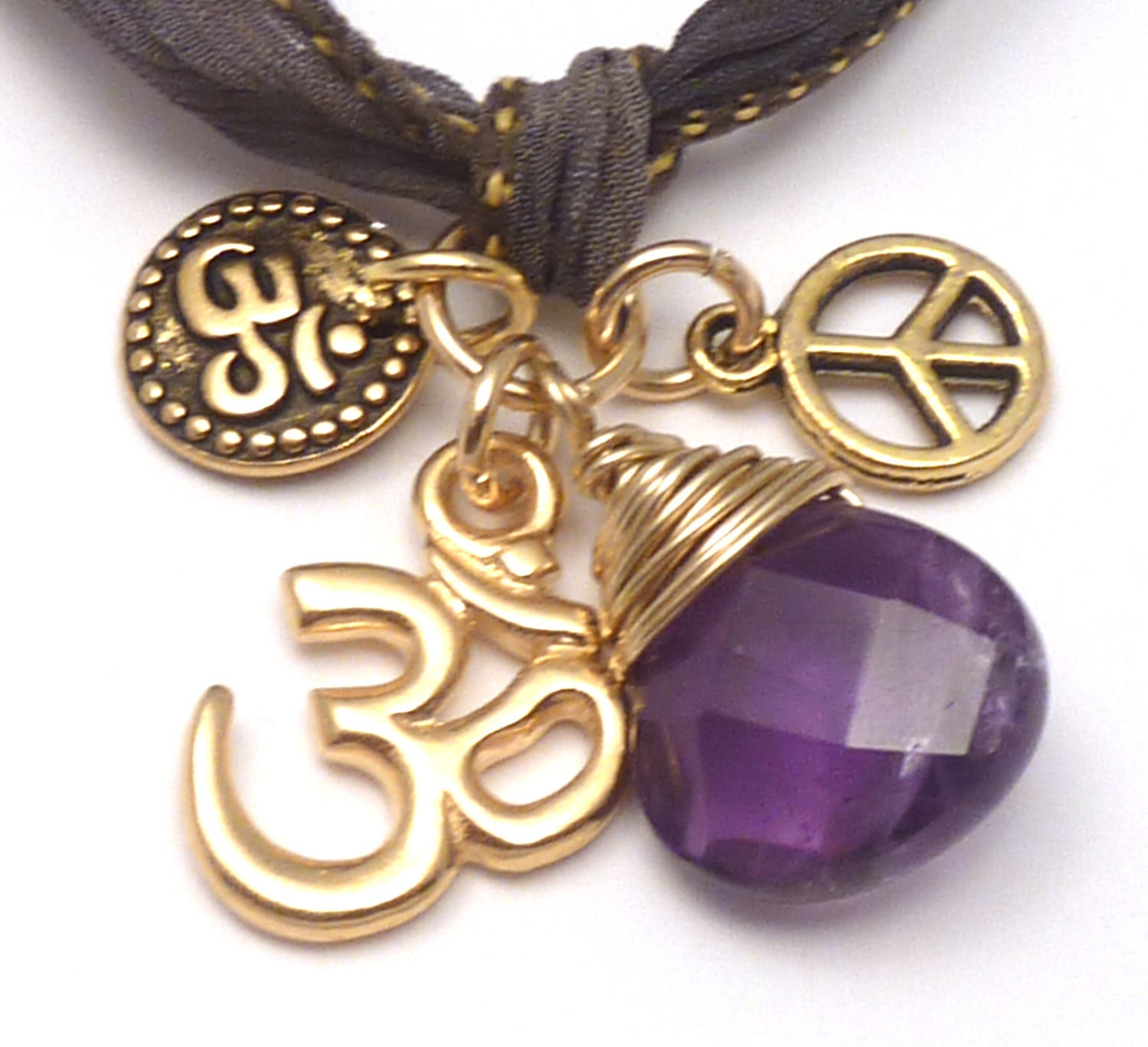 Screen Actors Guild Awards Silk Wrap Bracelet with Om Charms, Peace Sign and Amethyst, yoga jewelry