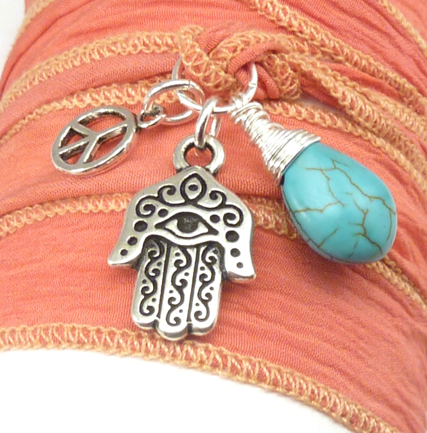 Celebrity Silk Ribbon Bracelet with Hamsa, Peace Sign, and Turquoise, yoga jewelry, wrapped wrapping bracelet, wrap around,wrist wrap