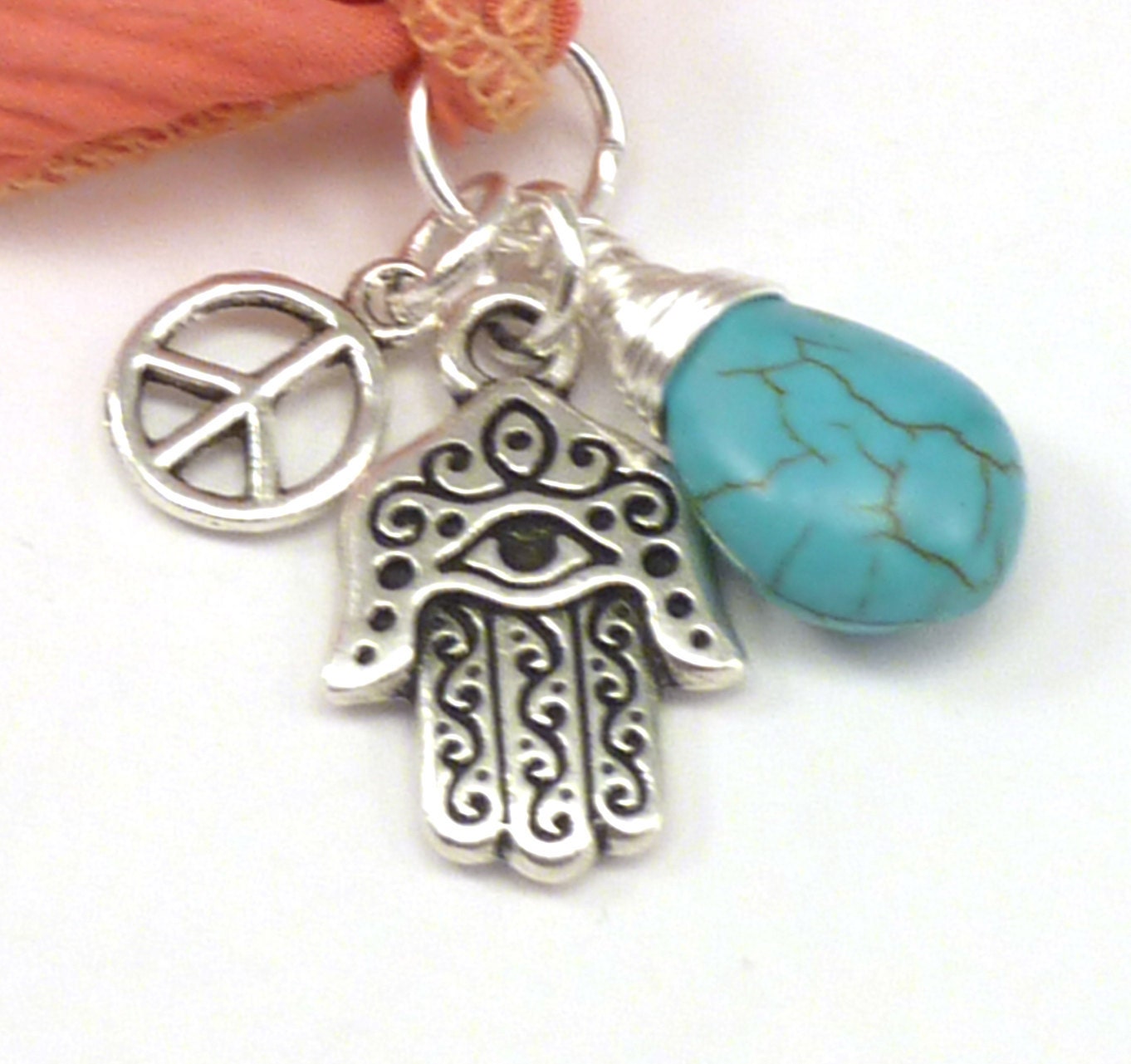Celebrity Silk Ribbon Bracelet with Hamsa, Peace Sign, and Turquoise, yoga jewelry, wrapped wrapping bracelet, wrap around,wrist wrap