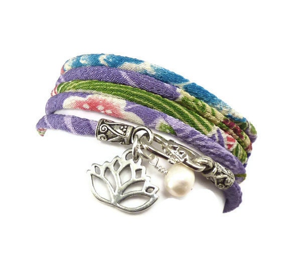 Wrap Bracelet with Lotus Flower Charm, Japanese Chirimen , yoga jewelry, wrapped wrapping bracelet, wrap around