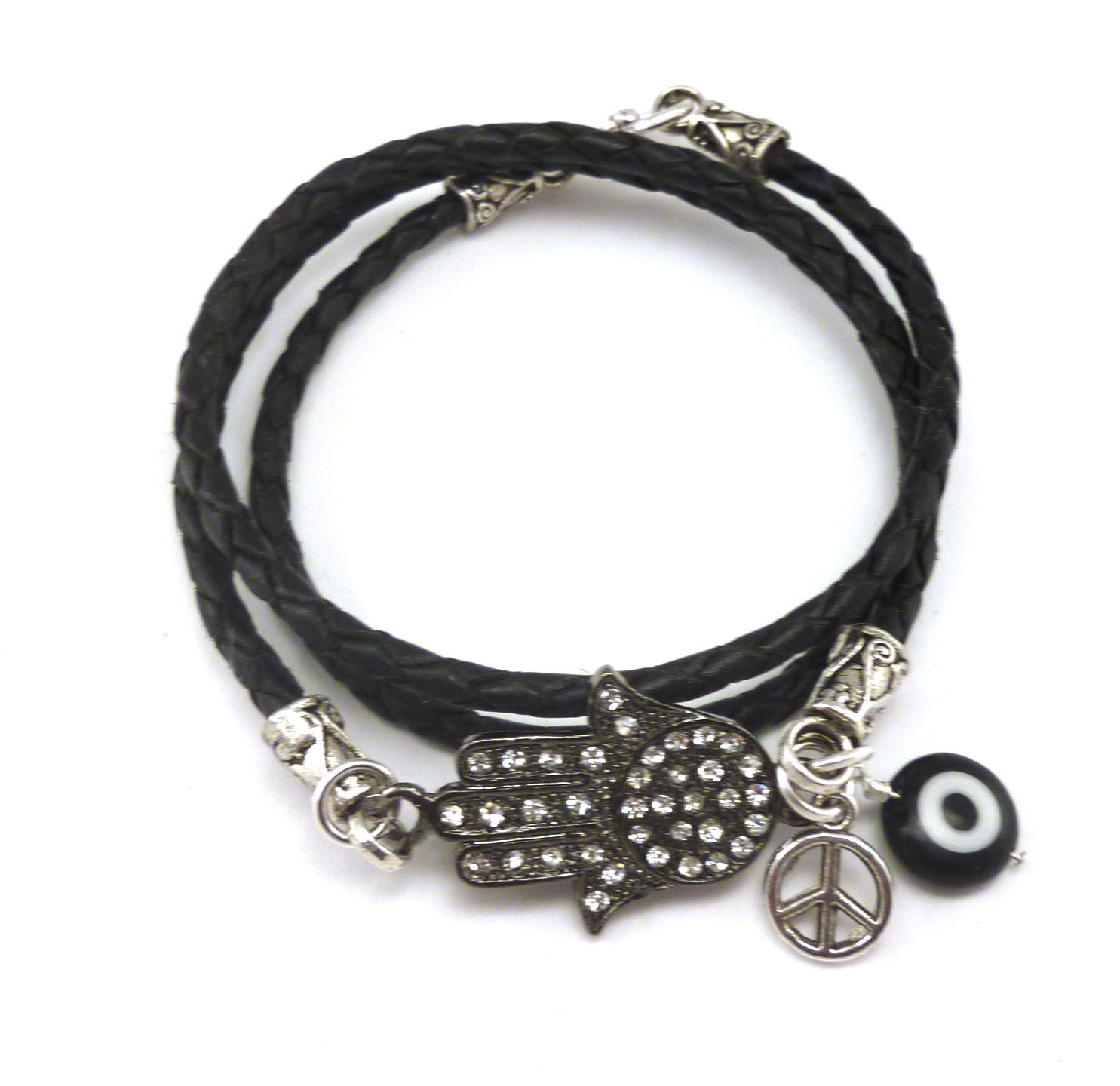 Leather Wrap Bracelet with Hamsa, Peace Sign, and Evil Eye,yoga jewelry,wrapped ,wrapping bracelet,wrapped, wrapping, wrap around,wrist wra