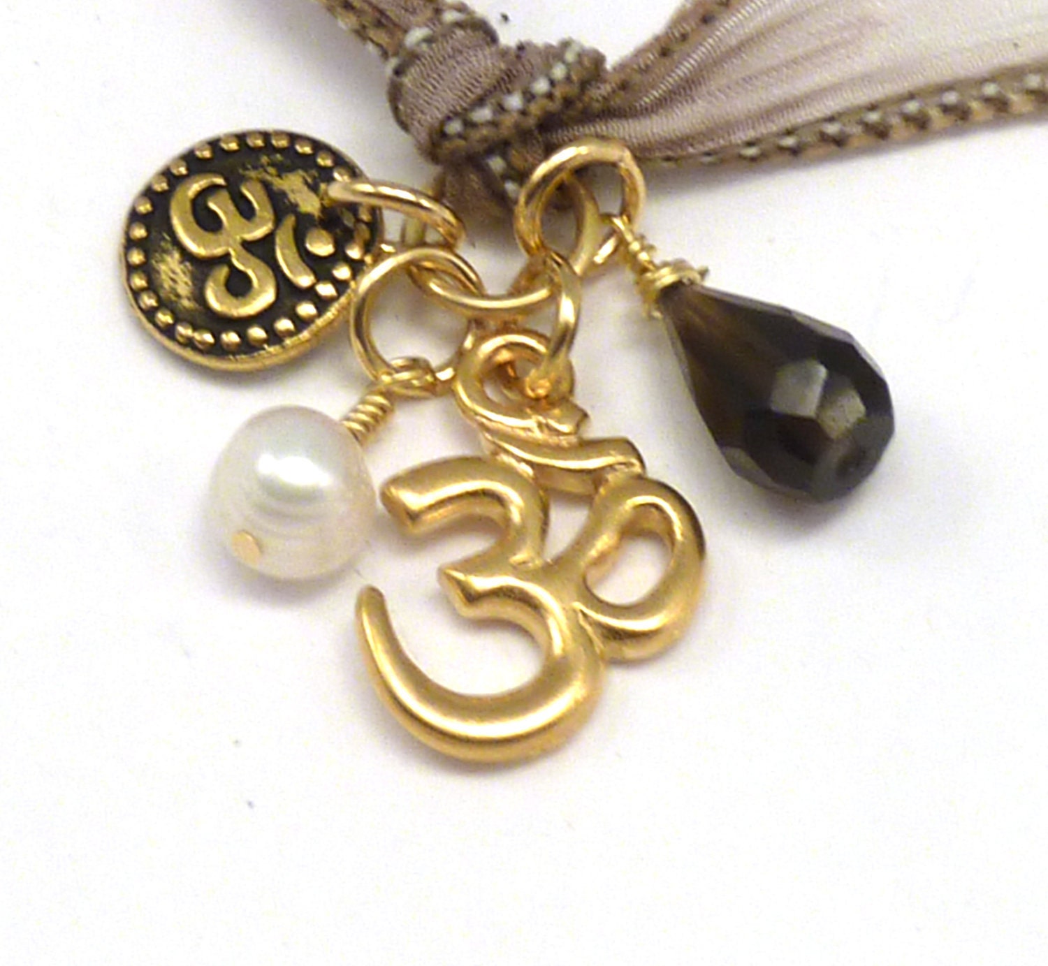 Silk Ribbon Wrap Bracelet with Om Charms,Pearl, and Smoky Quartz, yoga jewelry, wrapped wrapping bracelet, wrap around,wrist wrap