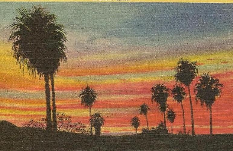 Desert Sunset - vintage unused linen postcard - beautiful colors