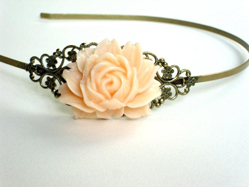 Brass headband with salmon colored rose,  resin,  cabochon, headband, wedding, accessories