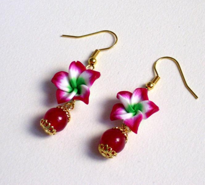 Polymer clay, pink, earrings,jade, natural stone, gold plated, jewelry
