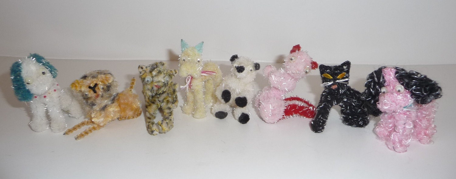 8 Vintage Chenille Pipe Cleaner Animals Cat Dog by treasuresNtoys