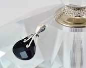 Jet Black Handmade Swarovski Crystal Briolette Necklace, Sterling Silver, Classy Crystal Jewelry, Simple and Sophisticated