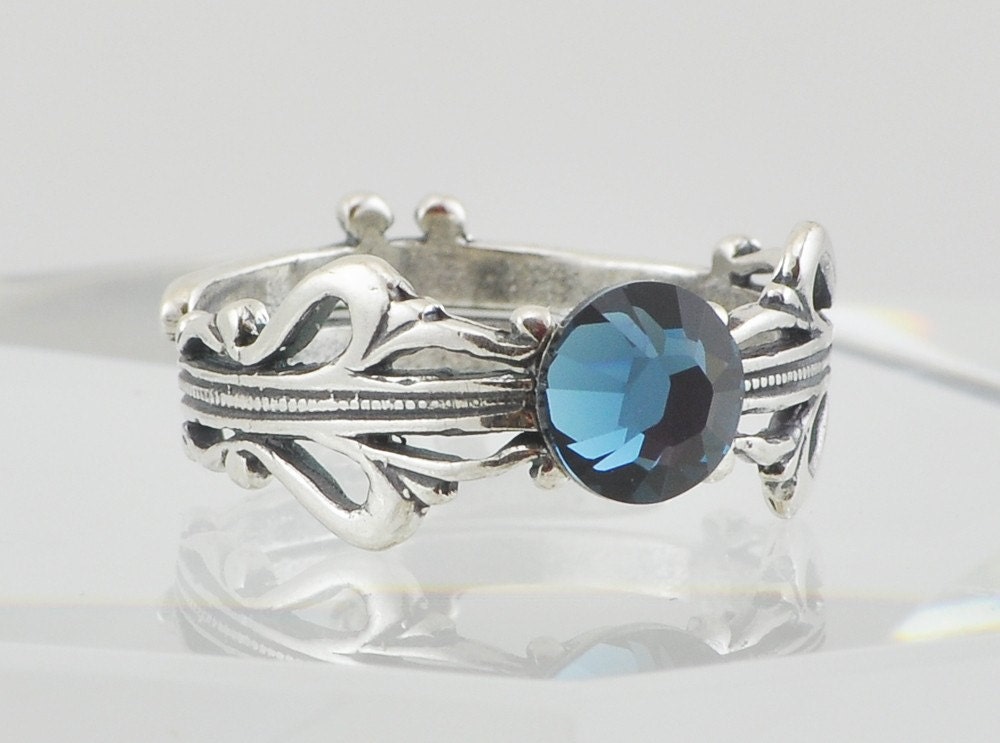 Montana Sapphire Swarovski Crystal Ring, Swarovski Ring, Navy Blue, Antiqued Adjustable Band - JAMJewelryShop