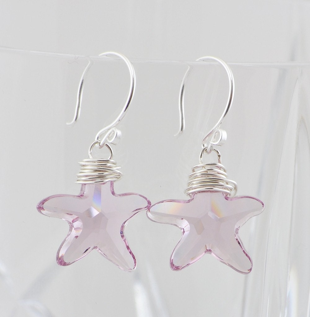 Swarovski Crystal Starfish Earrings, Dangle Earrings, Light Amethyst Purple, Sterling Silver, Hand Wrapped