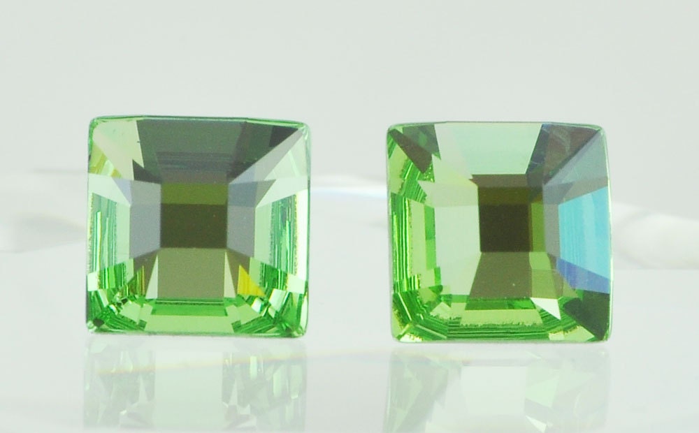 Handmade Swarovski Crystal Mosaic Post Earrings in Peridot - Sterling Silver