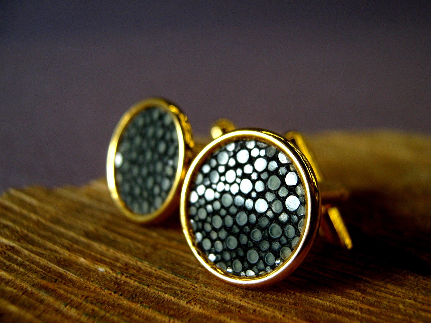 Homme du Monde - Steely gray, gold plated stingray cufflinks by dirtyrice on etsy