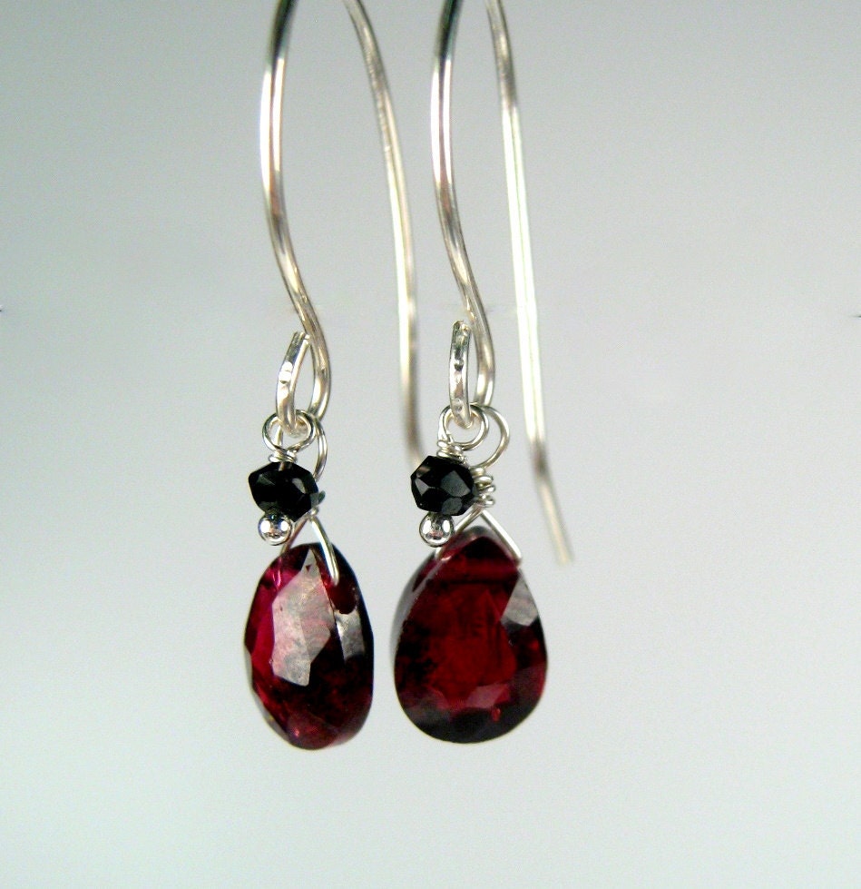 Garnet Earrings Teardrops with Black Spinel on Sterling Silver by dirtyrice on etsy
