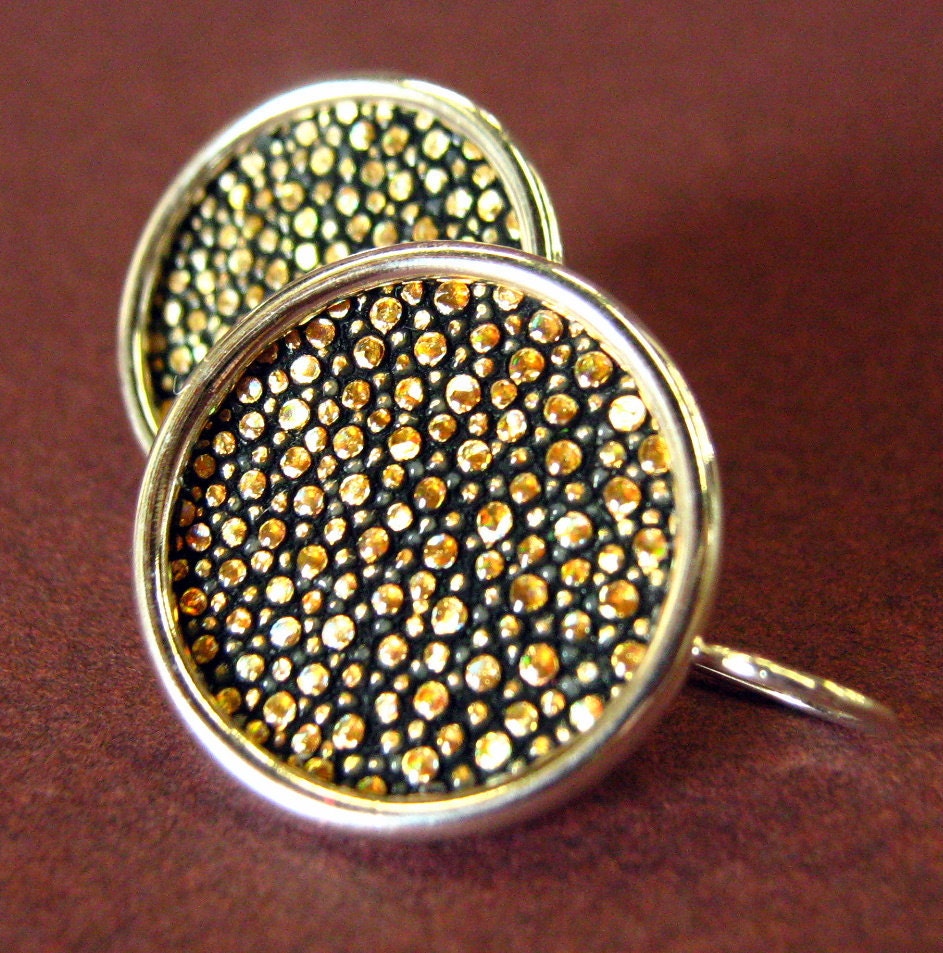 Handmade Shagreen Jewelry - Gold and Black Sting Ray Leather Earrings by dirtyrice on etsy